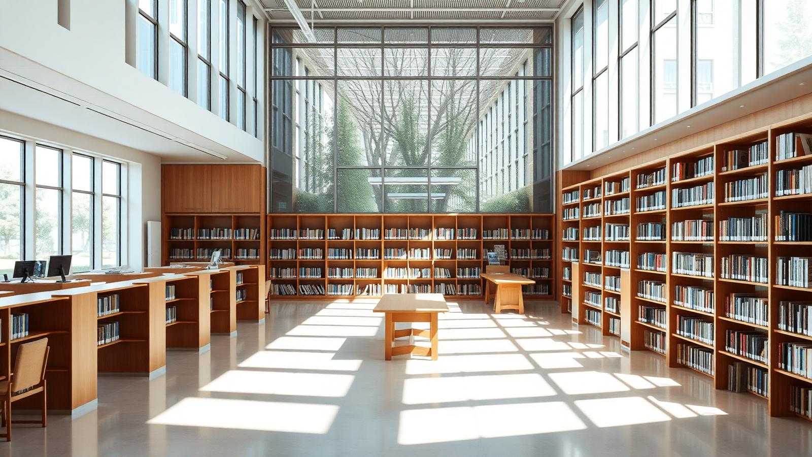 Sunlit modern library reading room