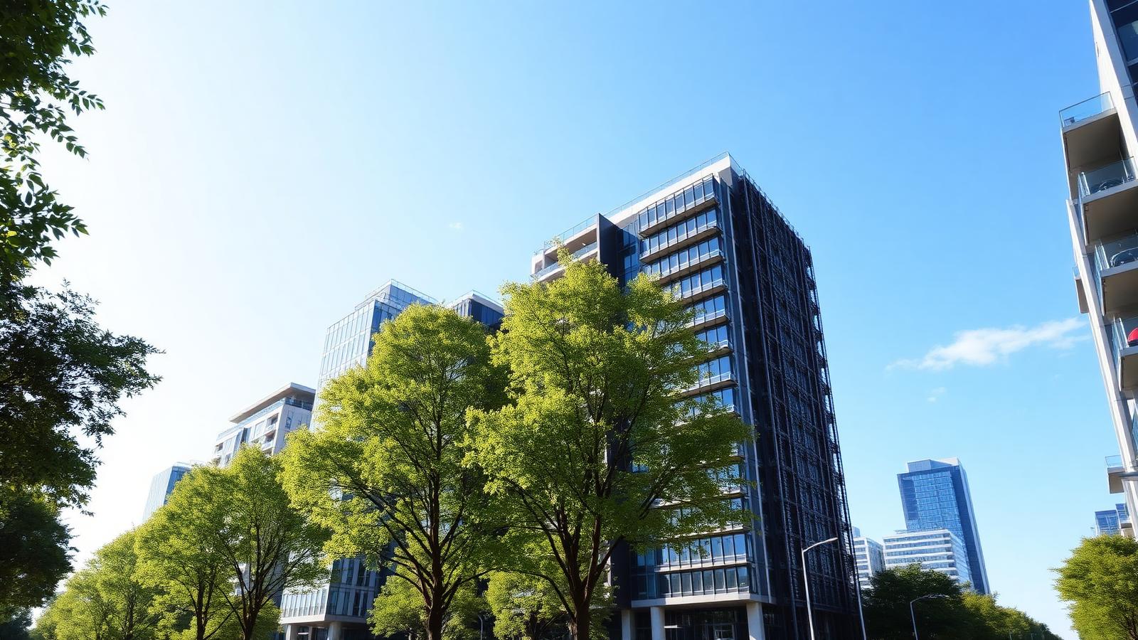 Green sustainable city with trees and modern buildings
