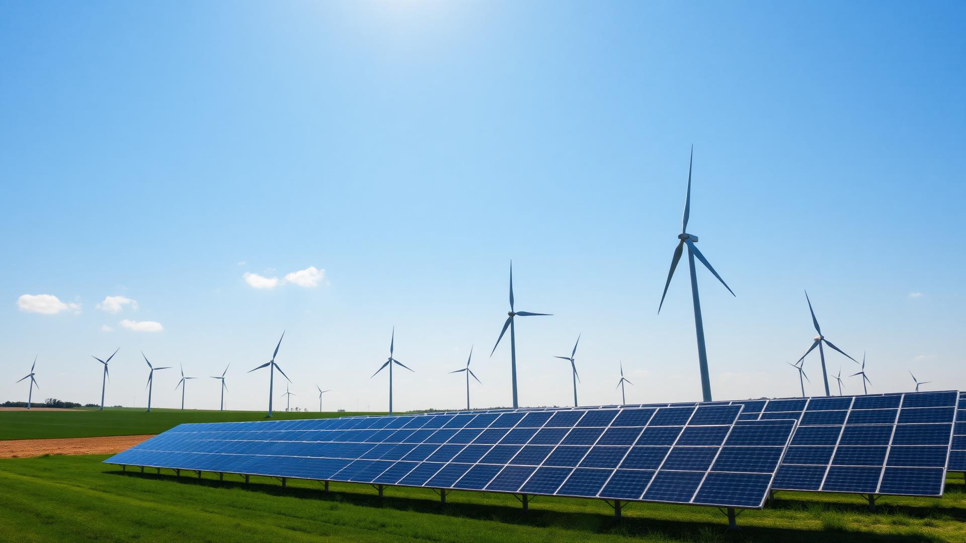 Wind turbines and solar panels under a clear blue sky