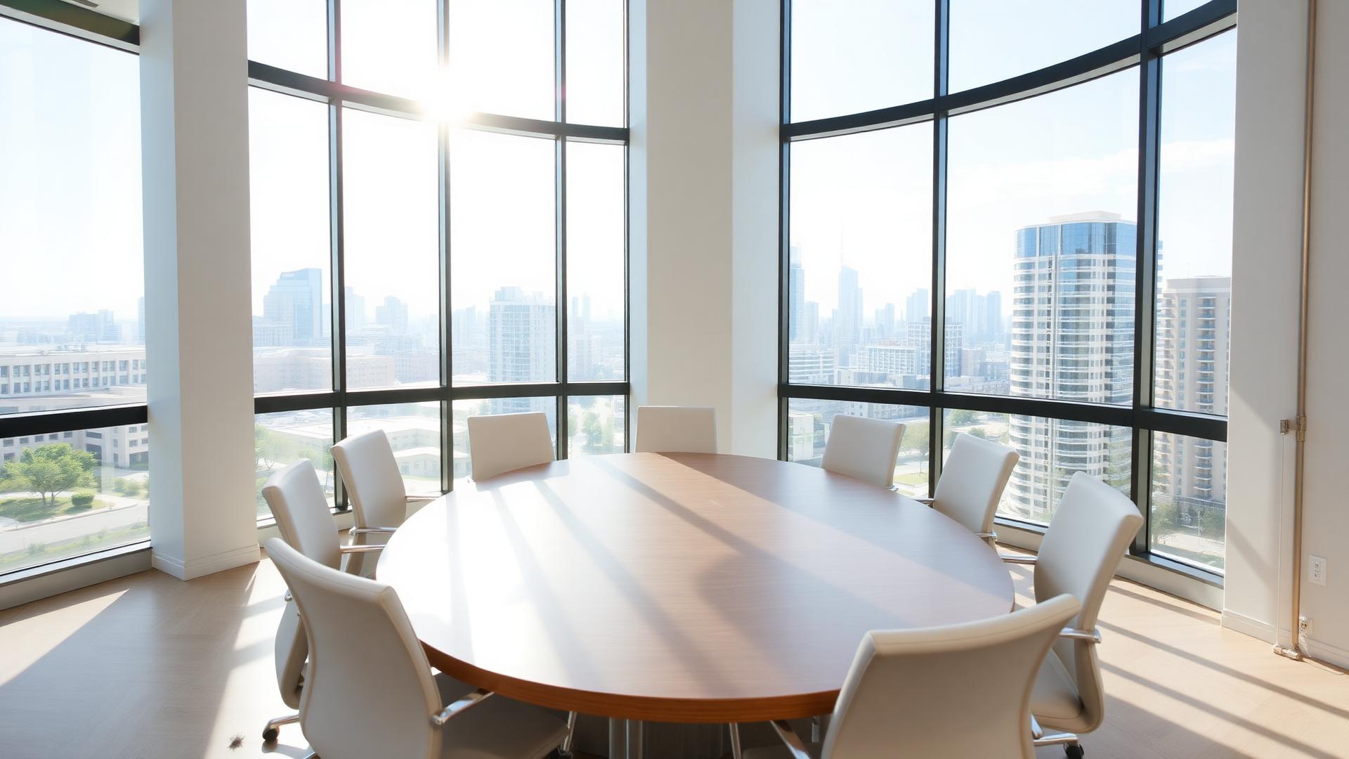 Sunlit modern boardroom overlooking a city