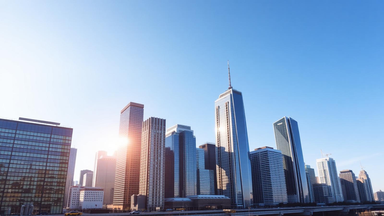 Sunlit financial district skyline