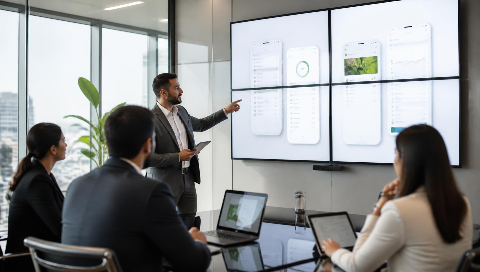 Banking team reviewing mobile banking app screens on a video wall
