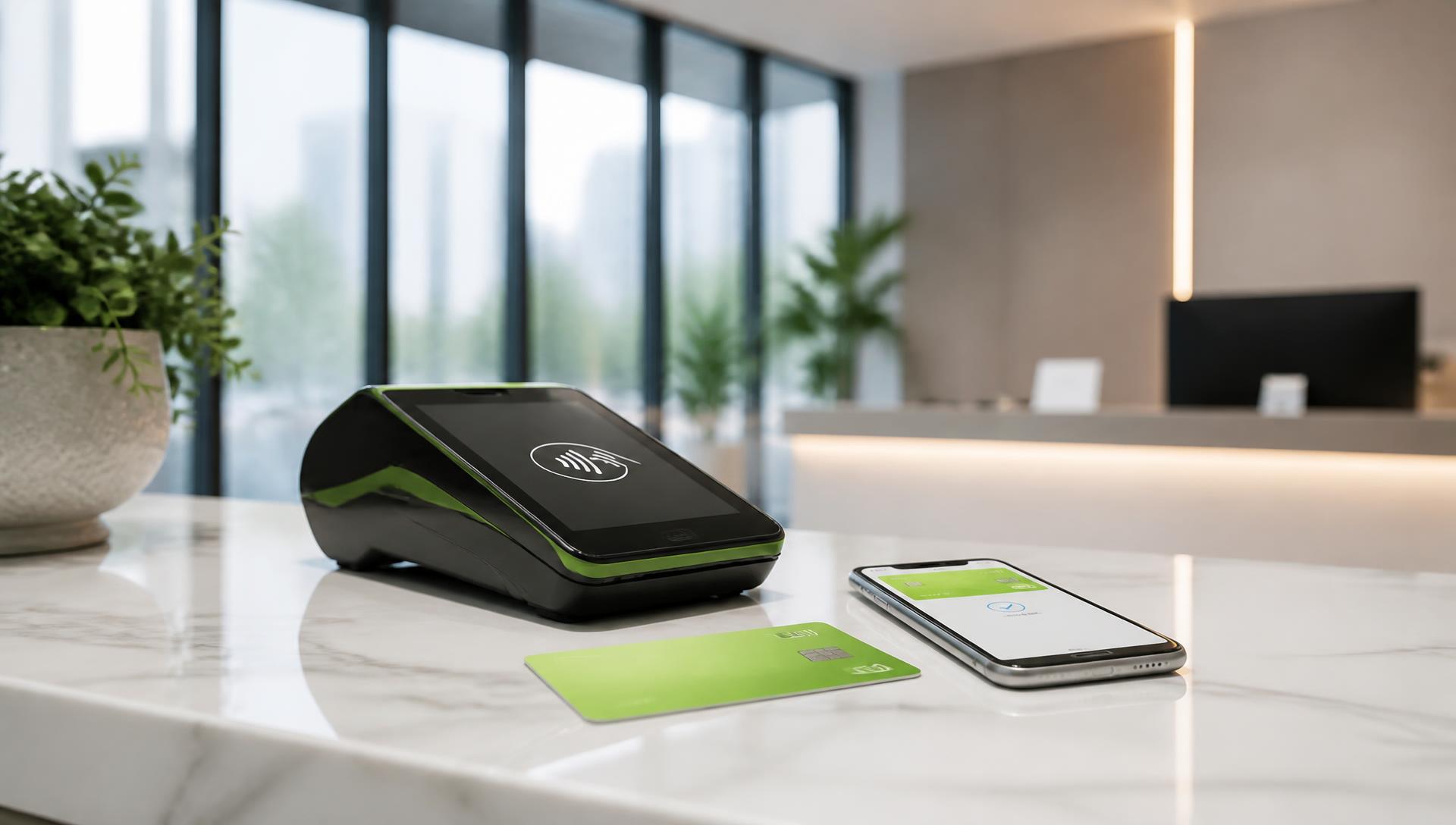 Contactless payment terminal and smartphone on a marble desk
