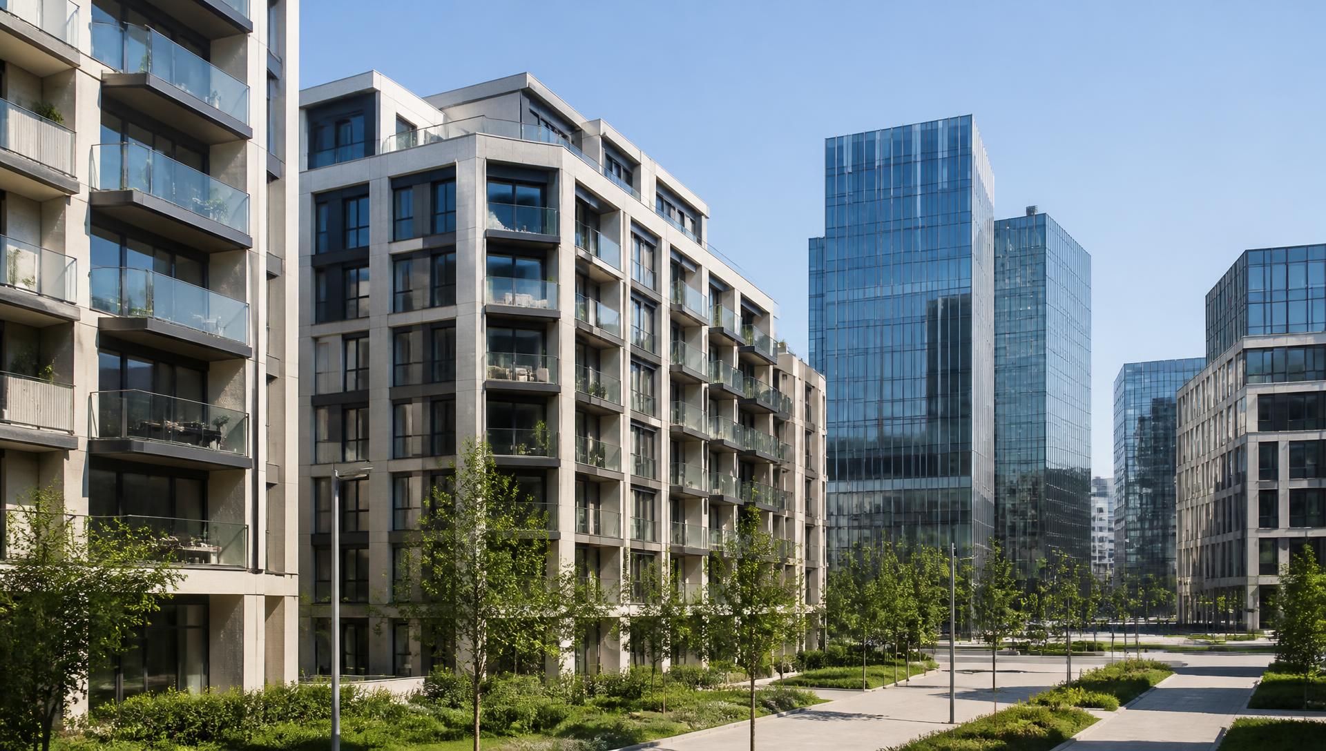 Modern residential and office buildings in a city district on a clear day