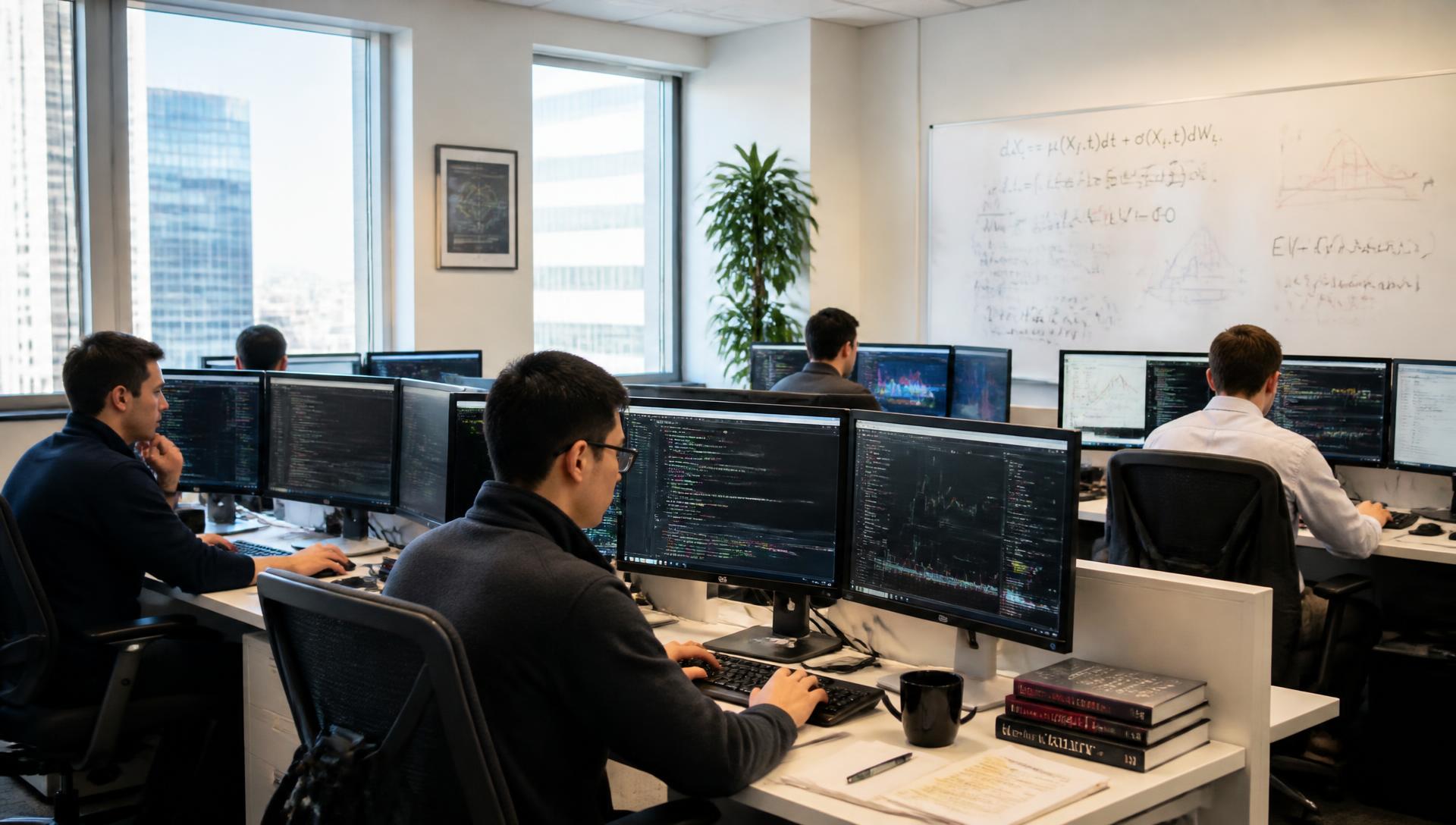 Quantitative research team working in a sunlit office